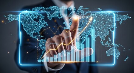 Businessman touching a glowing digital interface displaying a global financial chart with upward trend