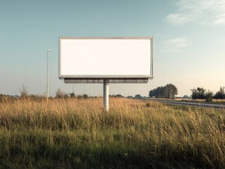 Empty Billboard Surrounded by Lush Green Grass and Trees Alongside a Quiet Country Road in a Clear Sky