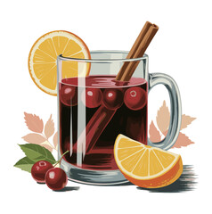 Digital vector illustration of a glass mug with mulled wine, garnished with cinnamon, orange slices, cranberries, and cherries, set against autumn leaves in warm, cozy tones