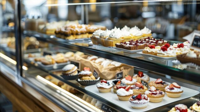 A display case filled with various desserts including tarts, pastries, and cakes. The treats are decorated with fruits and cream, showcasing a variety of colors and textures.