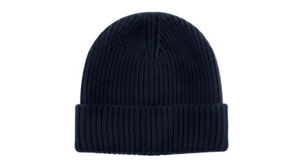 Dark blue knitted beanie for winter season isolated on transparent background