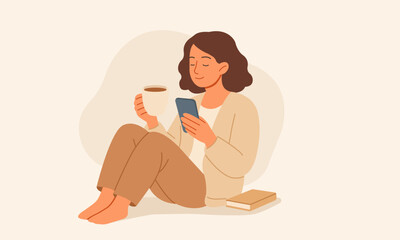 Relaxed woman sitting on floor with cup of coffee and smartphone, enjoying peaceful morning at home. Cozy lifestyle and mindful start of the day in flat vector style.