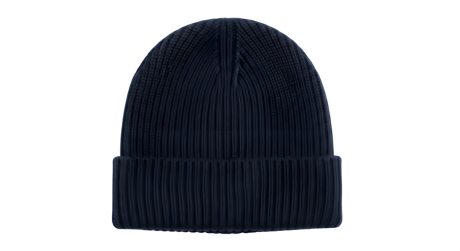 Dark blue knitted beanie for winter season isolated on transparent background