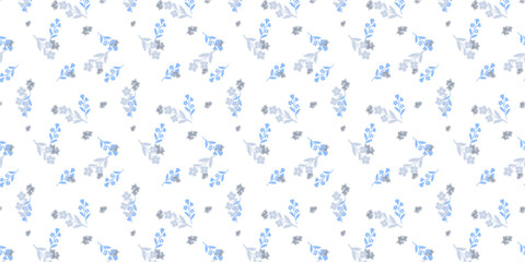 Delicate watercolor seamless pattern with blue and gray botanical leaves on a white background