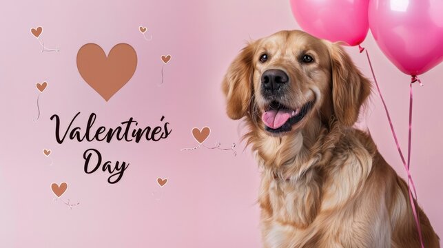 Golden retriever dog with pink balloons and Valentine's Day text on pink background, celebrating love and affection. - Powered by Adobe