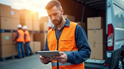 A young Caucasian man in an orange safety vest uses a tablet near a delivery van. Cardboard boxes are stacked in the background. A worker in a hard hat is visible.