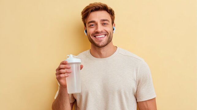 Smiling man holding shaker bottle