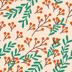 Botanical Seamless Pattern with Red Berries and Green Leaves. Natural seamless pattern with hand-drawn red berries and green leafy branches. Perfect for packaging, eco branding, or fabric design.