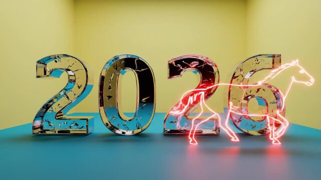 Dynamic animation of 2026 numbers with glowing red horse outline for new year celebration footage