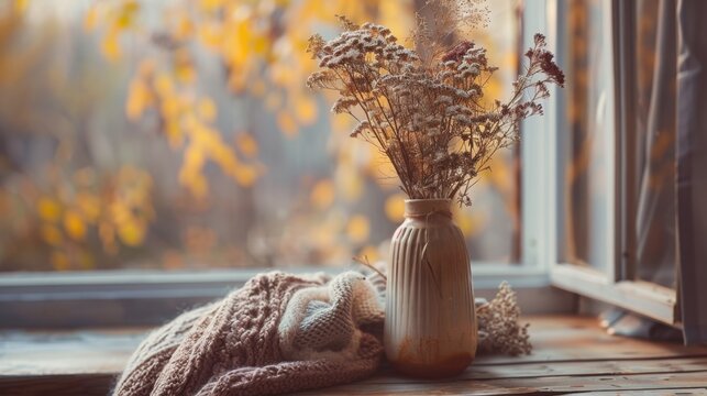 A cozy scene featuring a vase of dried flowers on a wooden windowsill. Soft knitted fabric is draped nearby, with autumn leaves visible outside. - Powered by Adobe