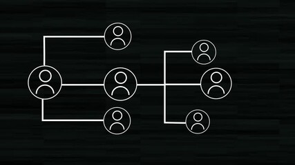 Animation White Organizational Chart with Human Icons on Textured Dark Background hierarchy structure, High-tech animation showing white organizational chart with icons representing employees