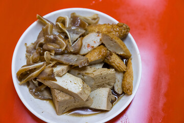 Traditional taiwan braised tofu and pork ear street food plate