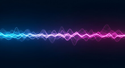 Abstract digital sound wave pattern with pink and blue gradient lights on dark background.