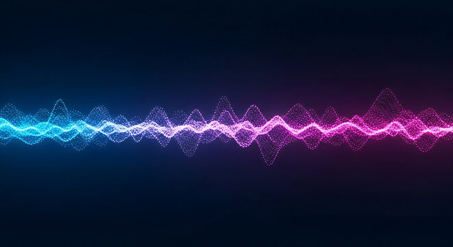 Abstract digital sound wave pattern with pink and blue gradient lights on dark background.