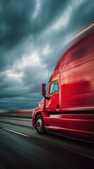 Red cargo truck driving at high speed on a highway under dramatic cloudy sky creating powerful motion scene ideal for logistics services, transportation ads and supply chain visuals