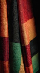 Close-up of colorful woven textile with deep red, orange, yellow and green geometric panels creating warm handcrafted texture ideal for fabric backgrounds and design materials