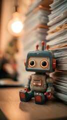 Cute retro style toy robot sitting beside tall stacks of paperwork symbolizing office overload bureaucratic tasks and workflow automation themes for business and technology visuals