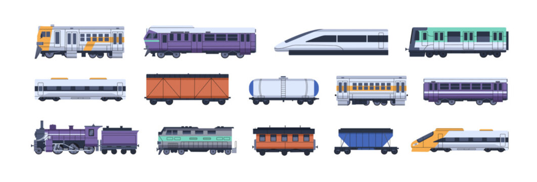 Trains with different passenger and cargo carriages set. Modern and retro locomotives with wagons. Trail engines side view. Railroad transport. Railway. Flat isolated vector illustrations on white
