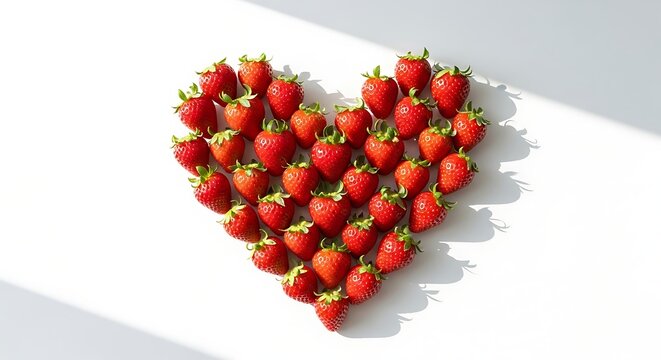 Fresh strawberries arranged in a heart shape on a white background