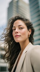Confident young woman standing outdoors in a modern city with natural windblown hair and soft daylight ideal for lifestyle visuals professional themes and business related content
