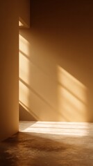 Minimal interior space with warm sunlight casting geometric shadows on clean walls creating a calm architectural scene ideal for design backgrounds branding and modern aesthetic visuals