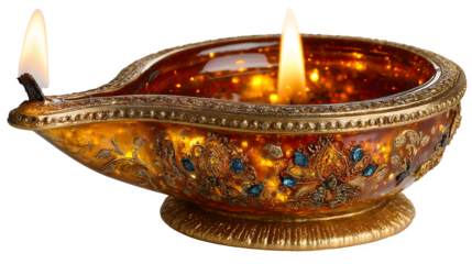 Decorative oil lamp with golden glow and festive background for Indian Diwali festival isolated on white background