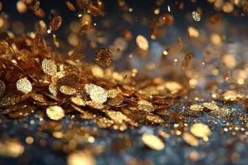 Gold confetti falling down on a grey textured surface, celebrating a special occasion and marking a momentous achievement