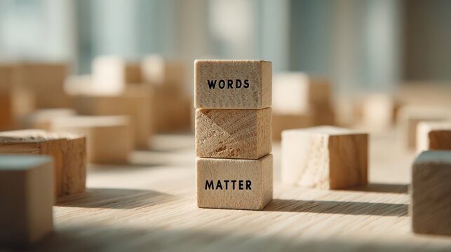 Closeup of wooden blocks stacked with the words words matter on a wooden surface