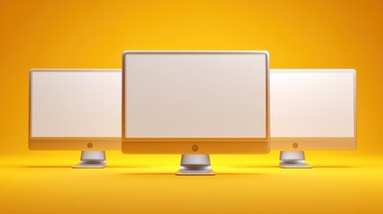 Three modern computer monitors with blank screens on a vibrant yellow background, perfect for presentations