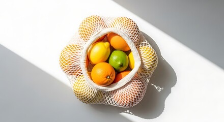 Fresh tropical fruits in a reusable mesh bag with sunlight and shadows