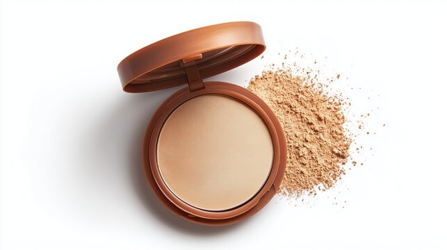 Isolated image of makeup compact powder on white background, smooth shadows and clean highlights.