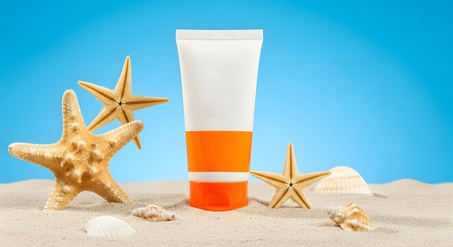 Sunscreen tube with starfish and seashells on sand