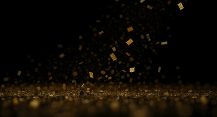 Sparkling golden confetti showers down creating a dynamic and celebratory atmosphere perfect for festive occasions and luxury brand promotions