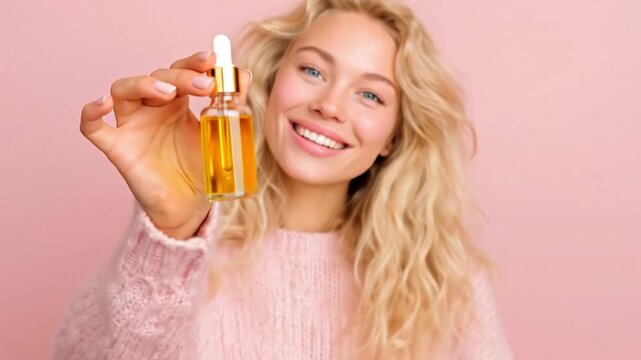 A beautiful young woman with radiant blonde wavy hair and bright blue eyes smiles cheerfully while holding up a small glass dropper bottle containing a golden liquid serum. Posing against a vibrant ye