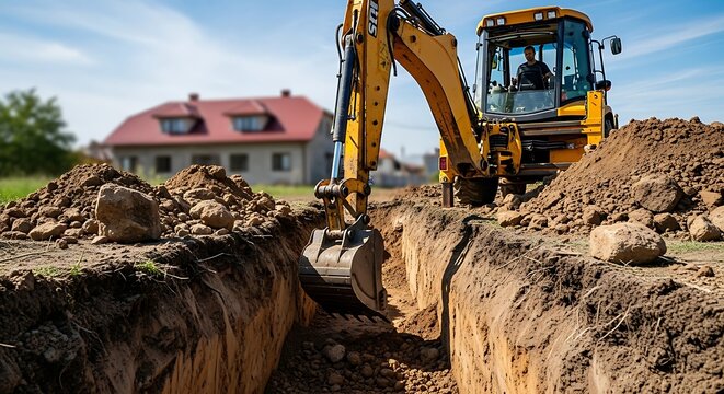 Yellow backhoe digging trench with dirt piles and house in background excavator construction