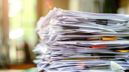 A close-up view of a large stack of disorganized papers and documents. The papers are various sizes and colors, creating a chaotic appearance.