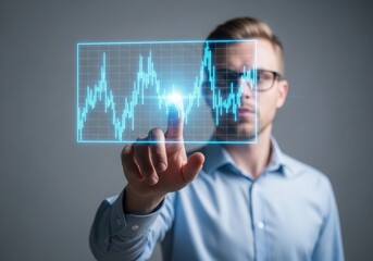 Man touching a futuristic holographic stock market graph his finger, analyzing financial data