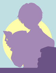 読書をする少年　机　シルエット　月明り