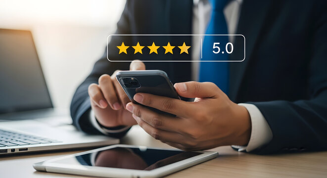Businessman using smartphone with five star rating and 5 0 score overlay