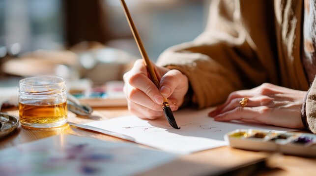 Creative artist paints with brush in cozy indoor studio during daylight hours