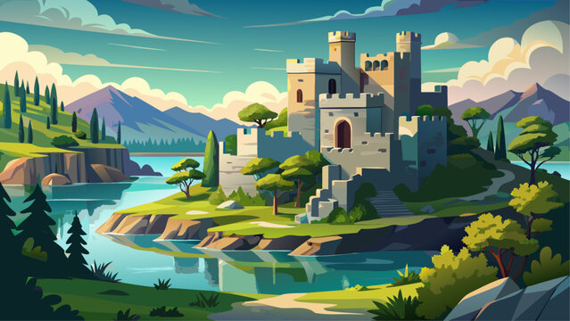 Very beautiful castle ruins surrounded by lush greenery and overlooking a serene lake at Ha Ha Tonka State Park, Camdenton, Missouri, featuring historic stone structures, forested landscapes, and 