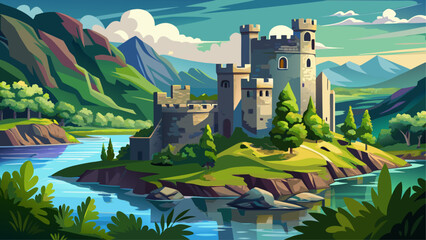 Very beautiful castle ruins surrounded by lush greenery and overlooking a serene lake at Ha Ha Tonka State Park, Camdenton, Missouri, featuring historic stone structures, forested landscapes, and refl