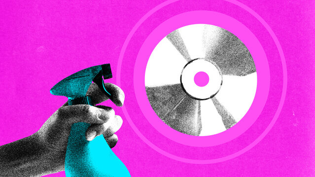 Pop art collage. Spray bottle cleaning shiny CD with humorous retro film grain effect. Concept of digital hygiene, tech nostalgia, creative ads, editorial tech-evolution content, social media visuals.