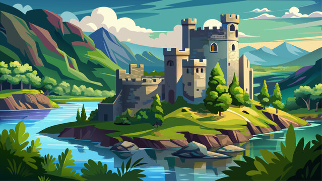 Very beautiful castle ruins surrounded by lush greenery and overlooking a serene lake at Ha Ha Tonka State Park, Camdenton, Missouri, featuring historic stone structures, forested landscapes, and refl