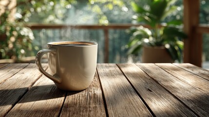 Obraz premium Morning coffee on a wooden table with a view of the ocean in a sunny room, inviting relaxation and warmth in a coastal setting
