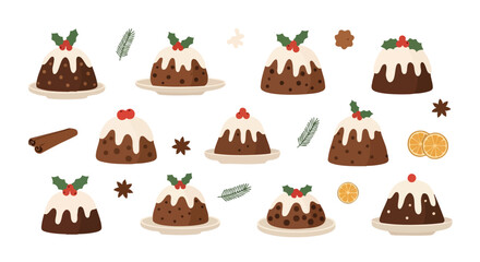 Christmas Pudding Big Set Vector Illustration Holly Orange Cinnamon Spice Food Decor