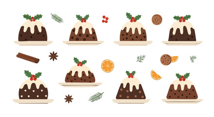Christmas Pudding Decoration Set Vector Illustration Dessert Food Holly Orange Cinnamon