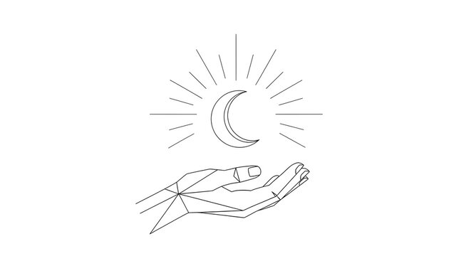 Mystical crescent moon radiating light above an open geometric hand symbolizing cosmic energy and spiritual connection
