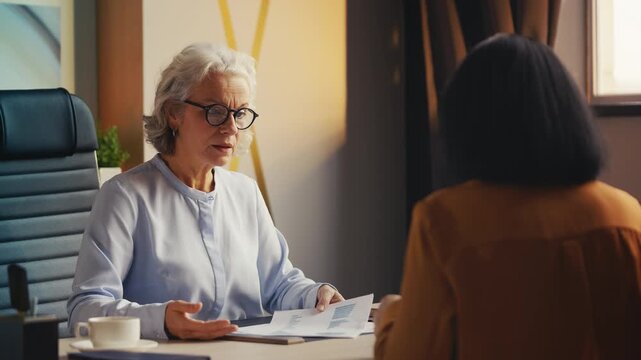 Irritated senior woman boss dissatisfied with employee's work on failed contract