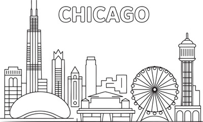 Naklejka premium Chicago illinois skyline line art illustration with city name featuring famous architectural travel destinations